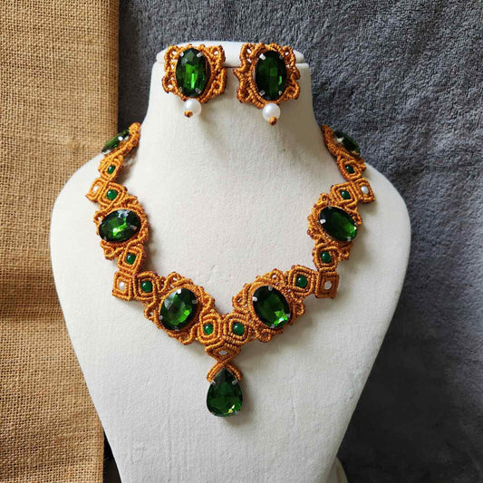 green stone gold macrame necklace victorian necklace party wear wedding jewellery statement engagement