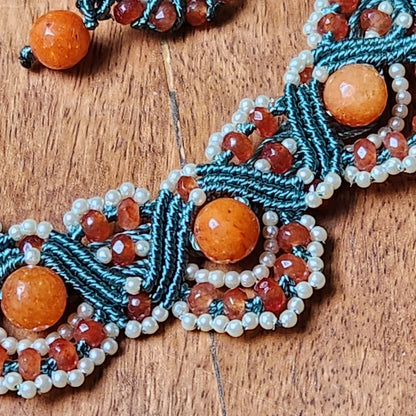 pearl necklace set stud earrings bead necklace orange round earrings semiprecious stone necklace earrings set party necklace