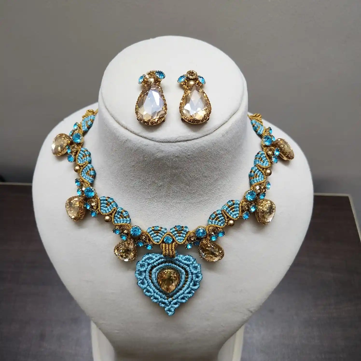 blue gold necklace turquoise topaz party necklace wedding stone necklace bridal necklace puja necklace stud earrings stone