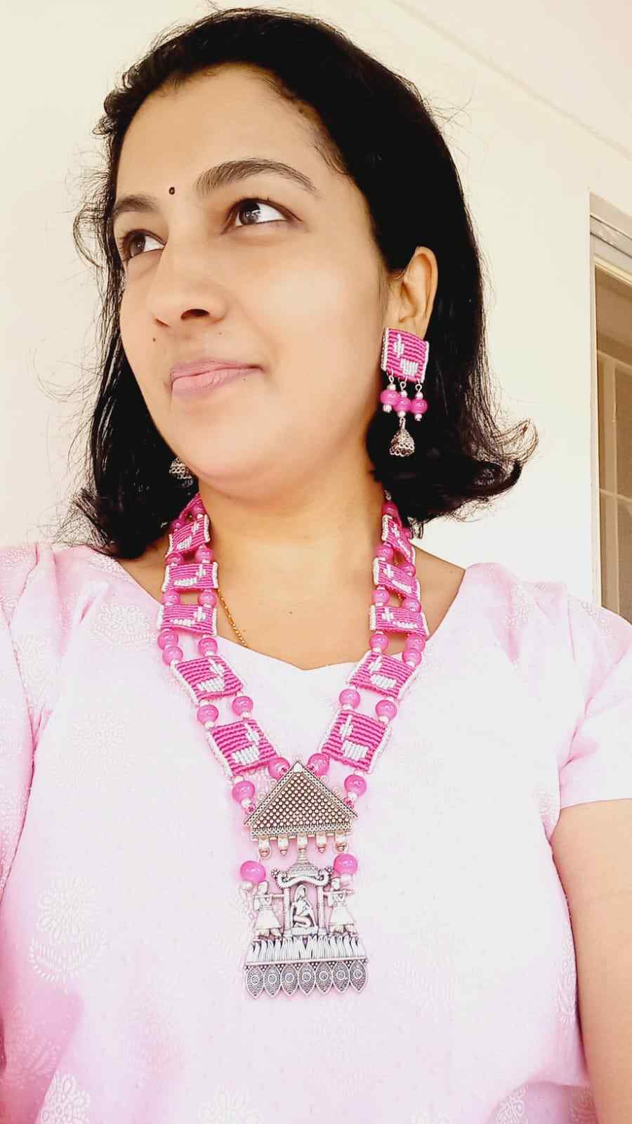 bead jewellery thread jewellery handmade necklace stud earrings silver jewellery