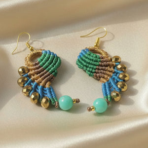 bead earrings macrame earrings thread earrings twisted earrings turquoise green magenta earrings