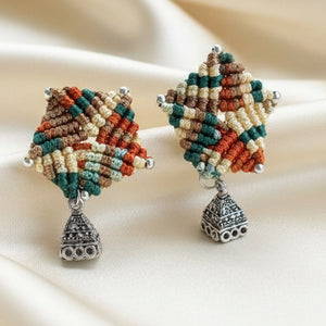 bead macrame pentagon shaped stud earrings with triangle jhumkis