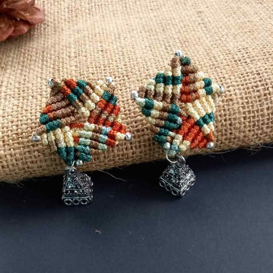 bead macrame pentagon shaped stud earrings with triangle jhumkis