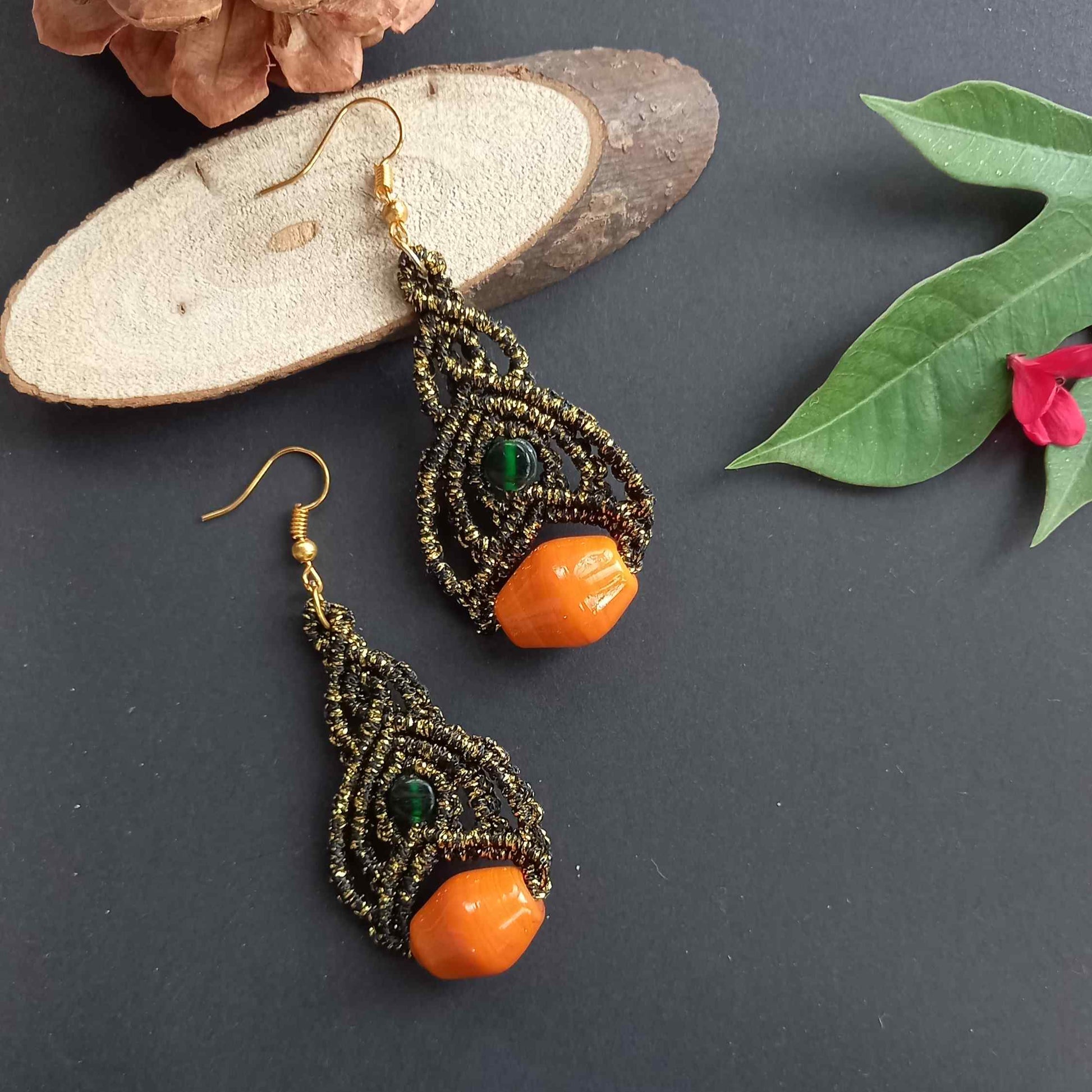 bead macrame dangler earrings with lotus petal design