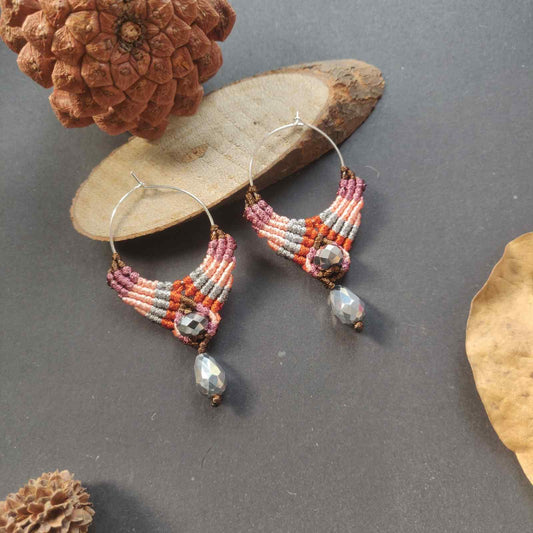 hoop earrings pink earrings hoop mauve earrings macrame earrings bead hoop earrings