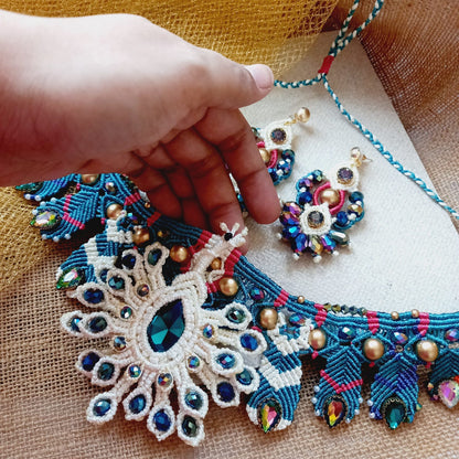 peacock necklace set stone necklace set bead necklace stud earrings rainbow stones necklace set