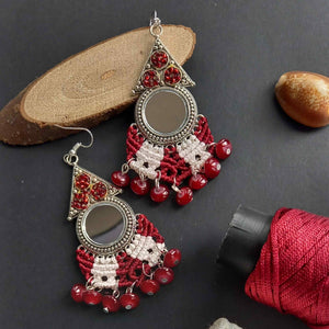 macrame mirror dangler bead earrings with seed beads