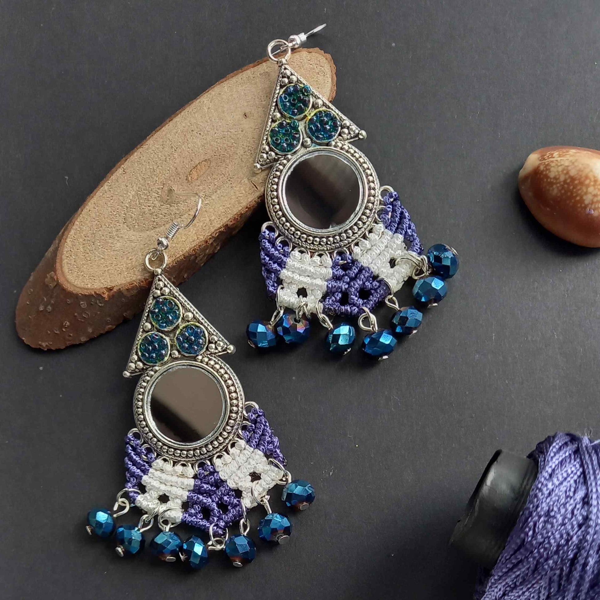 macrame mirror dangler bead earrings with seed beads