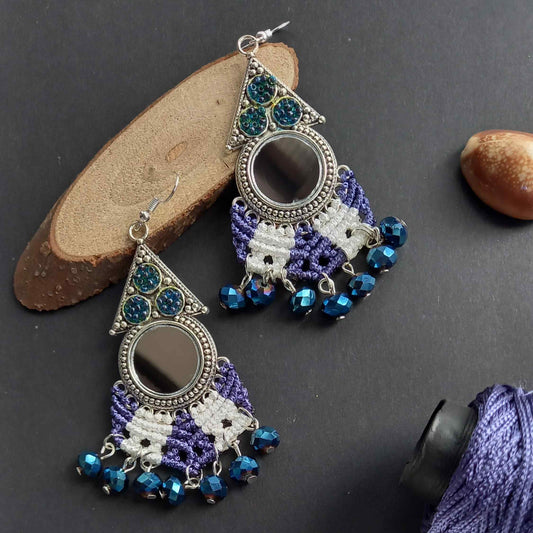 macrame mirror dangler bead earrings with seed beads