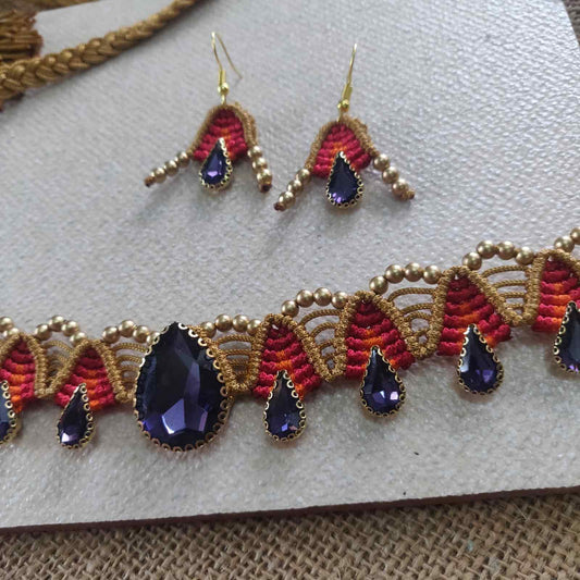 stone choker necklace set macrame choker set purple necklace red necklace orange necklace party necklace for plain saree
