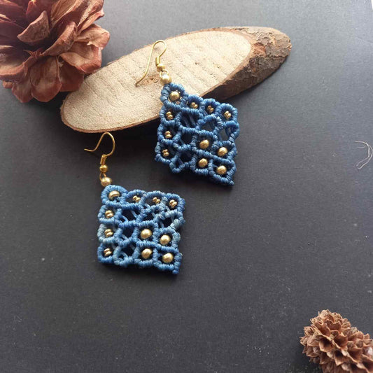 blue diamond shaped bead macrame dangler earrings
