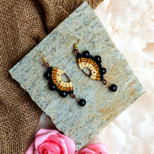 half moon shaped asymmetric macrame bead dangler earrings