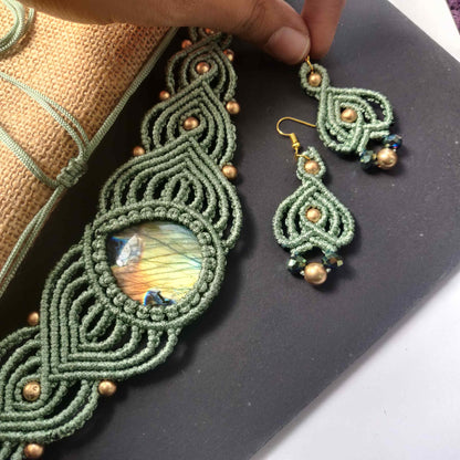 macrame necklace bead necklace choker necklace stone choker green necklace gold necklace labrodorite necklace