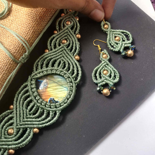 macrame necklace bead necklace choker necklace stone choker green necklace gold necklace labrodorite necklace
