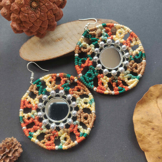 handmade macrame mandala earrings with silver mirror center
