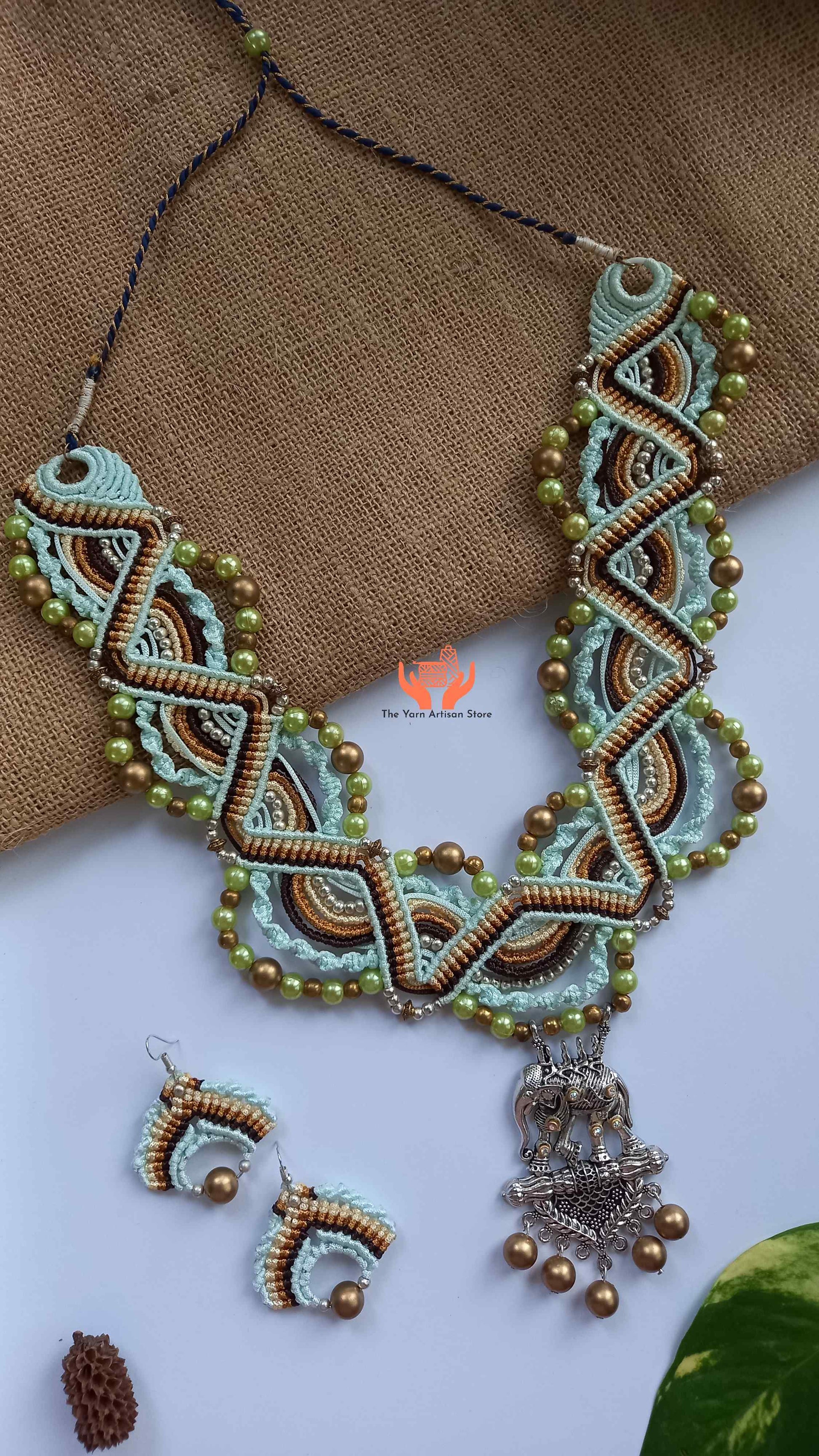 macrame statement zigzag design bead necklace earrings set