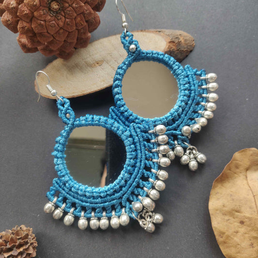 blue mirror earrings gunghroo earrings silver earrings macrame earrings