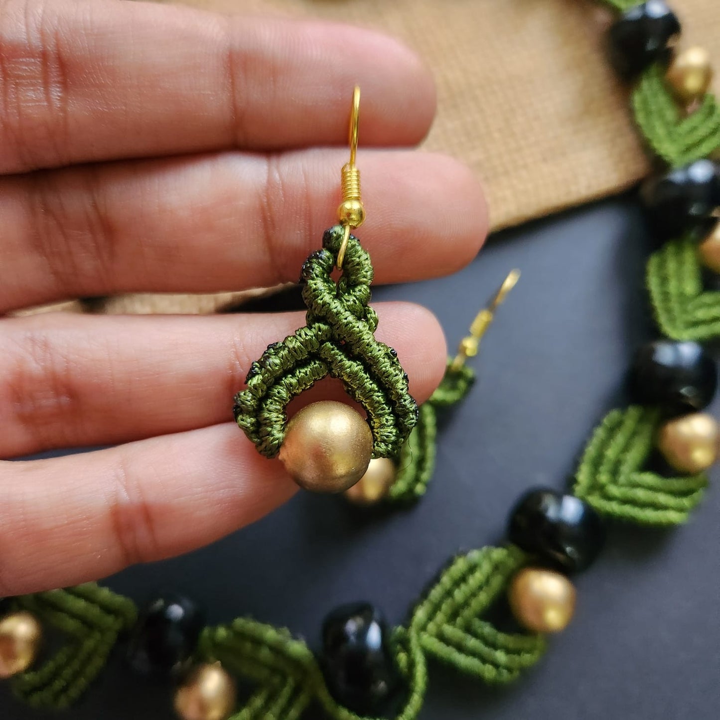 macrame necklace green necklace gold bead necklace black bead necklace stud earrings dangler bead bracelet necklace set