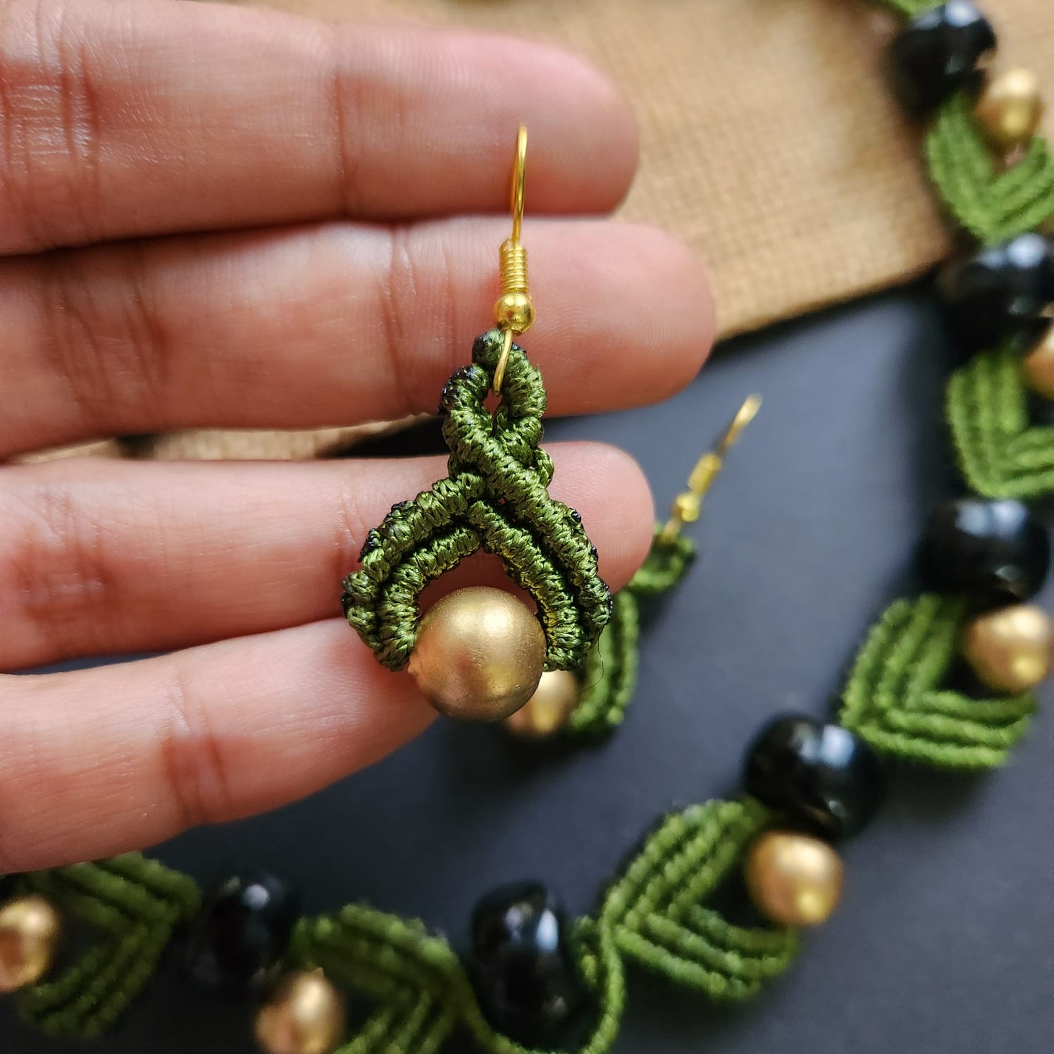 macrame necklace green necklace gold bead necklace black bead necklace stud earrings dangler bead bracelet necklace set