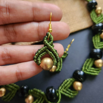 macrame necklace green necklace gold bead necklace black bead necklace stud earrings dangler bead bracelet necklace set