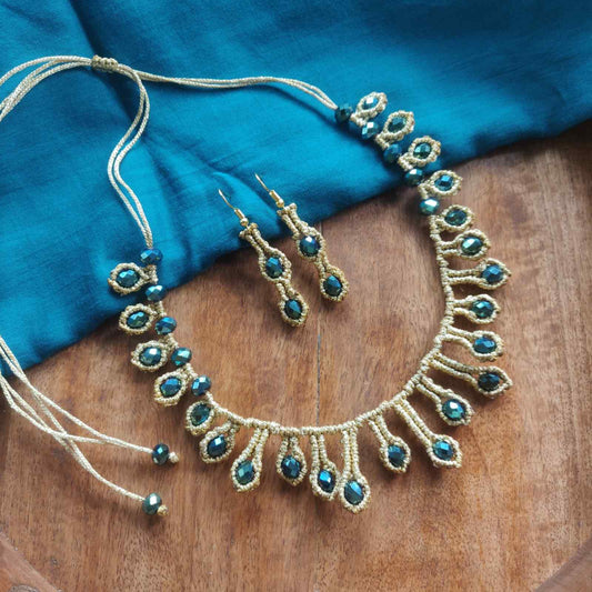 macrame necklace gold necklace bead necklace peacock blue necklace party necklace