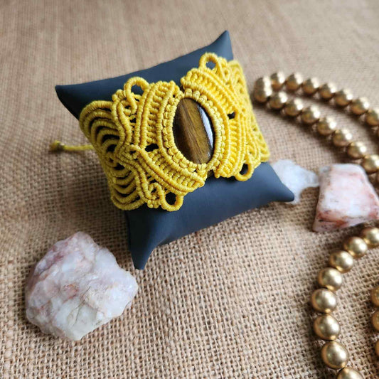 macrame stone bracelet yellow bracelet earrings brass earrings tiger eye bracelet boho earrings set cuff bracelet
