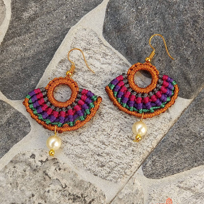 semicircular macrame dangler earrings with multiple colours and pearl beads
