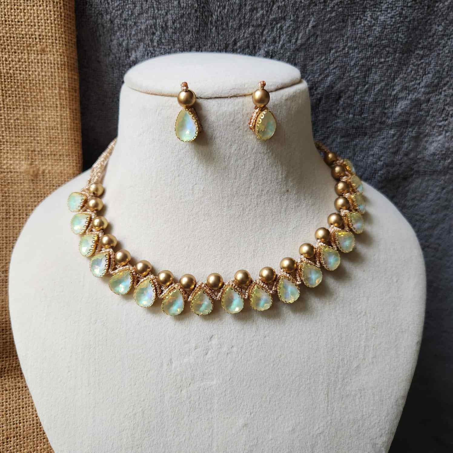 necklace stone jewellery party wedding necklace formal wear macrame necklace set green gold necklace
