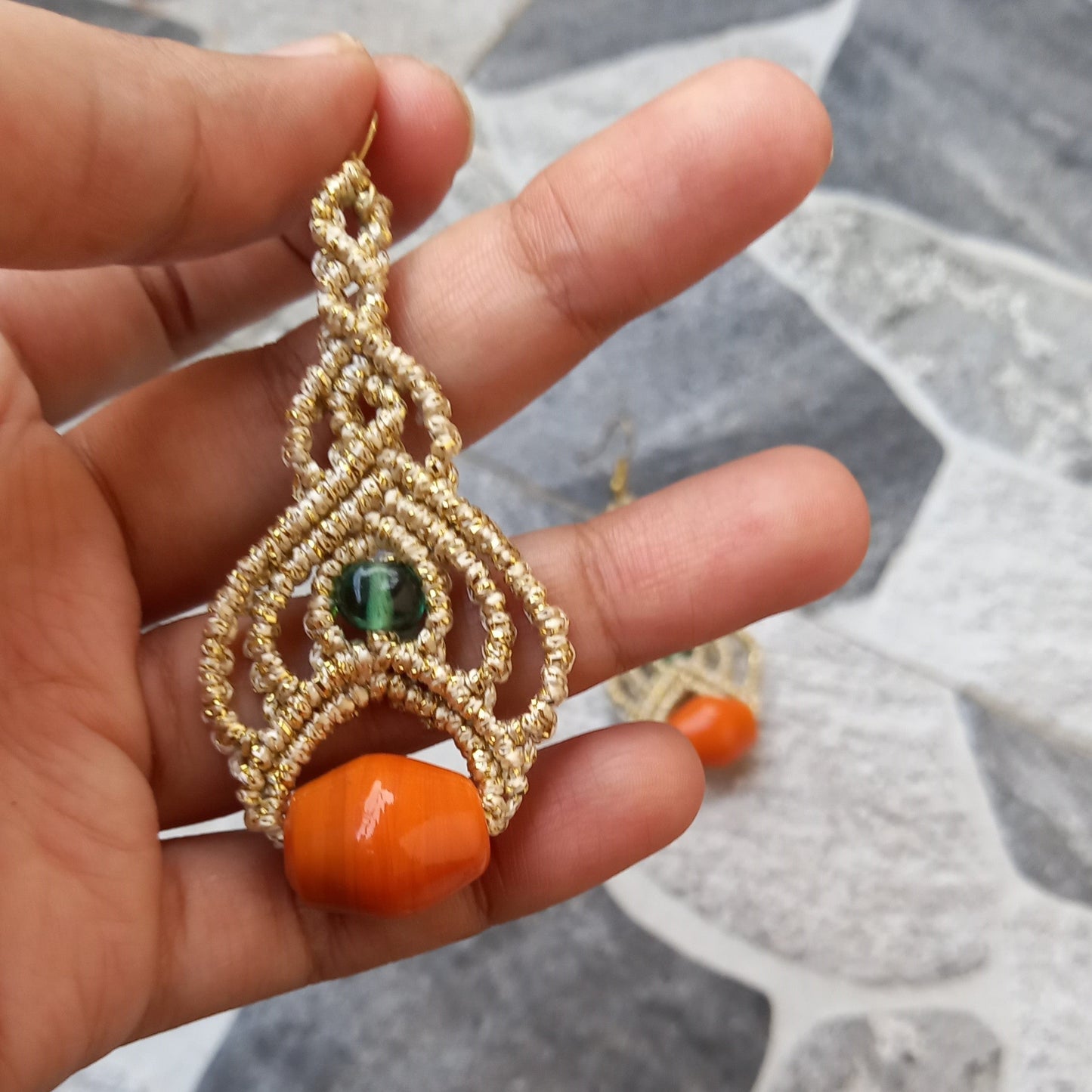 bead macrame dangler earrings with lotus petal design