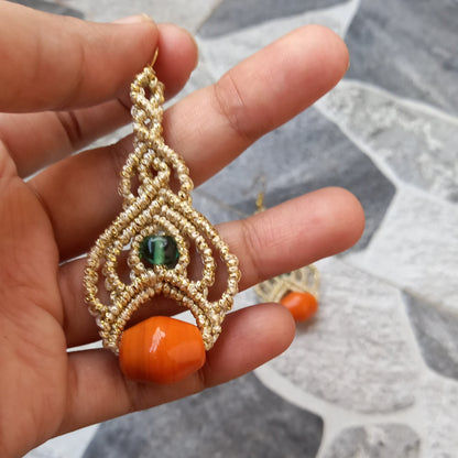 bead macrame dangler earrings with lotus petal design