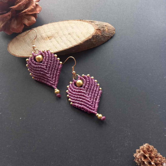 peacock feather earrings brass bead earrings leaf earrings purple earrings