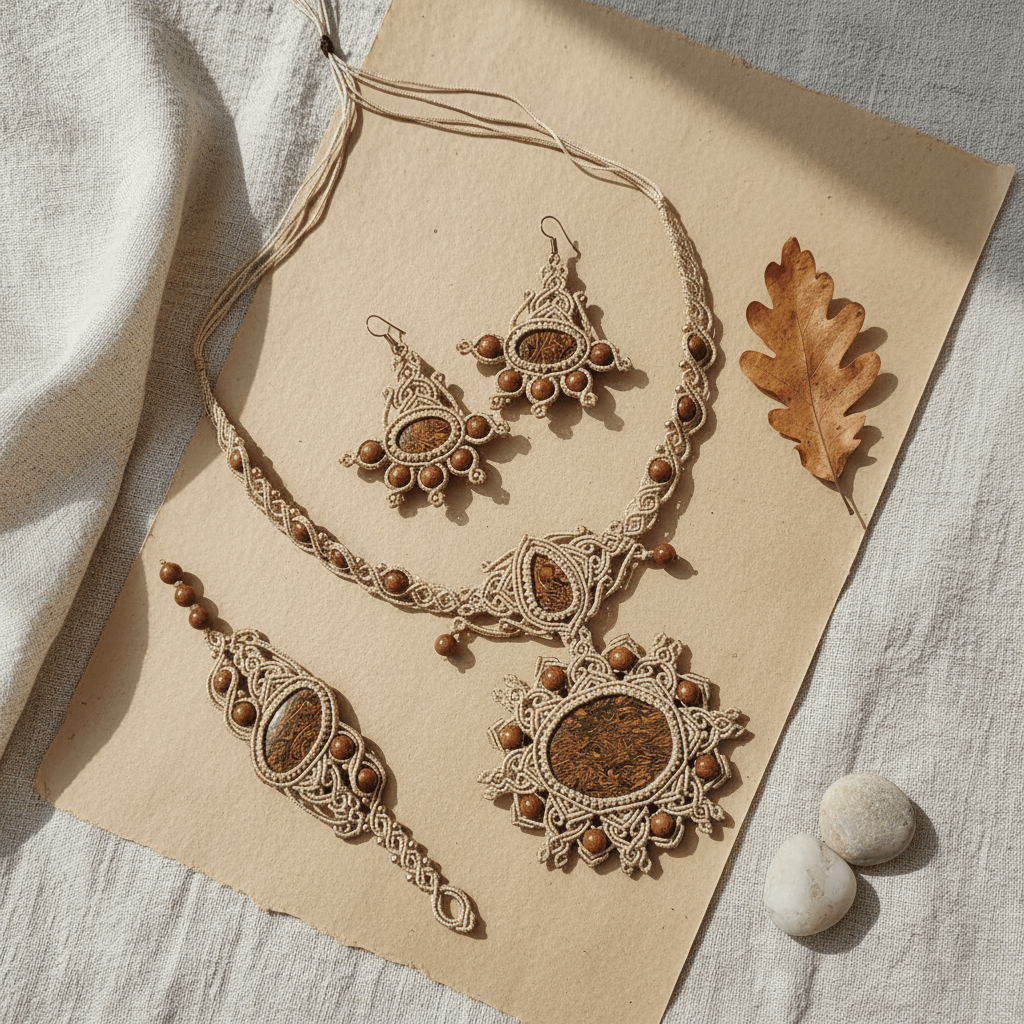 A bohemian-style jewelry set featuring a necklace, earrings, and a bracelet, all intricately woven in beige cord with brown stone accents, arranged on a beige paper sheet with a dried oak leaf and small stones.