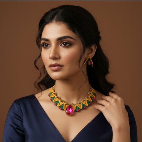 Vahini pink stone macrame necklace set