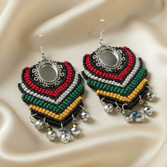 Prathmik red macrame mirror dangler earrings