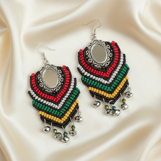 Prathmik red macrame mirror dangler earrings