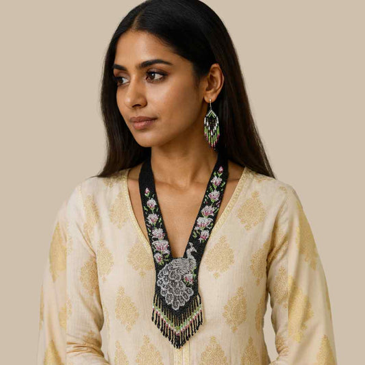 model wearing peacock necklace white pink floral flower necklace set black necklace party wear necklace casual outing occasion wear jewel