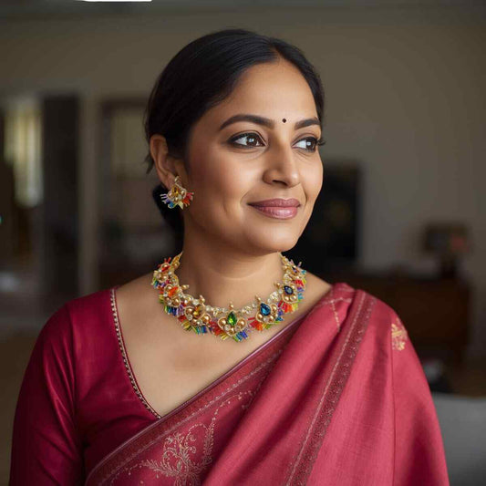 stone necklace rainbow macrame necklace set gold necklace bead necklace ethnic necklace party wear sangeet haldi wedding