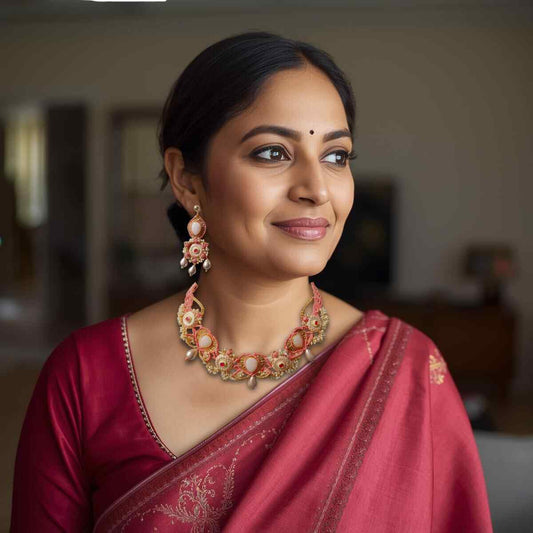 artisanal necklace macrame jewellery coral gold pearl necklace meenakari stone evening partywear wedding reception pastel
