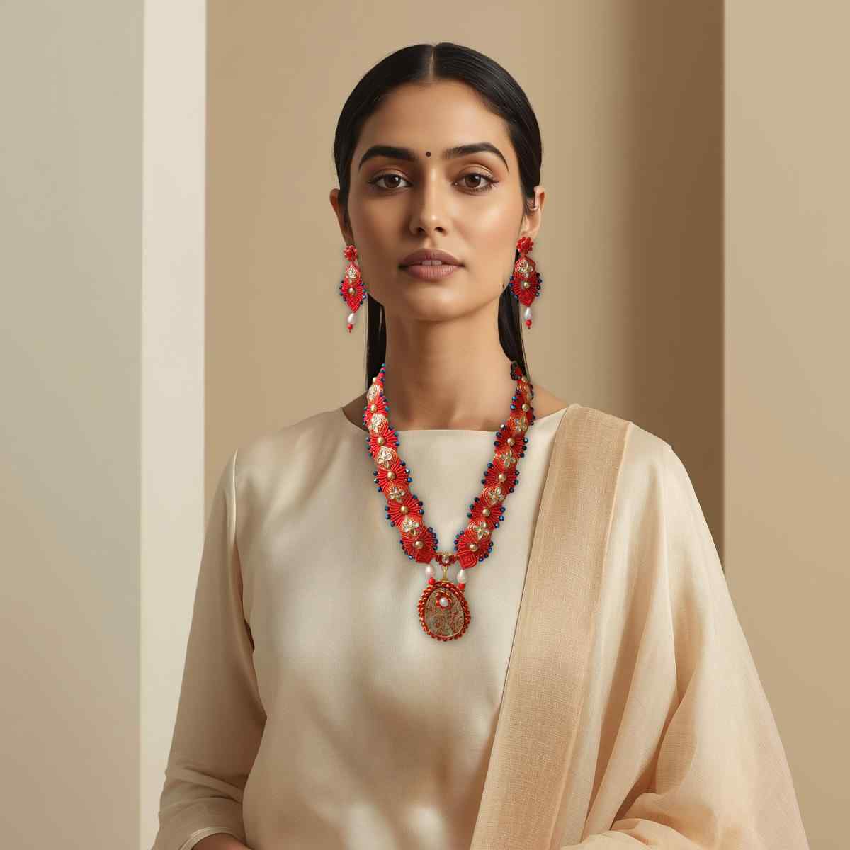 wedding jewellery red necklace karwa chauth wedding bridal necklace set pearl earrings stud danglers party wear jewels