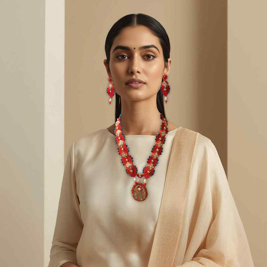 wedding jewellery red necklace karwa chauth wedding bridal necklace set pearl earrings stud danglers party wear jewels
