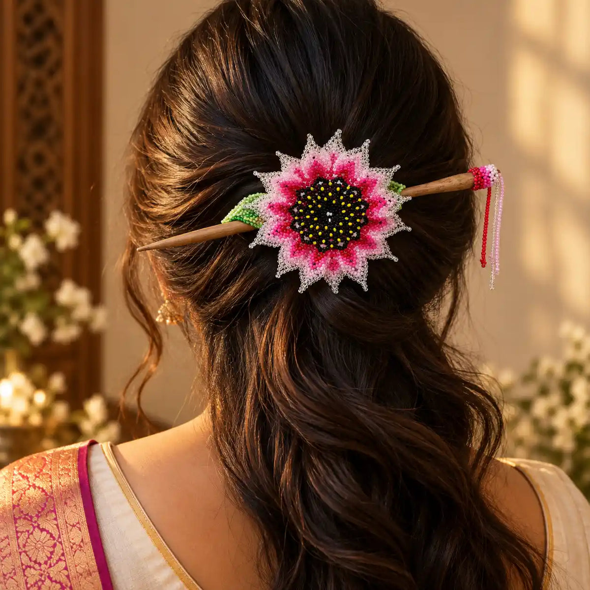 Murali Pink Bead Floral Hair Clip