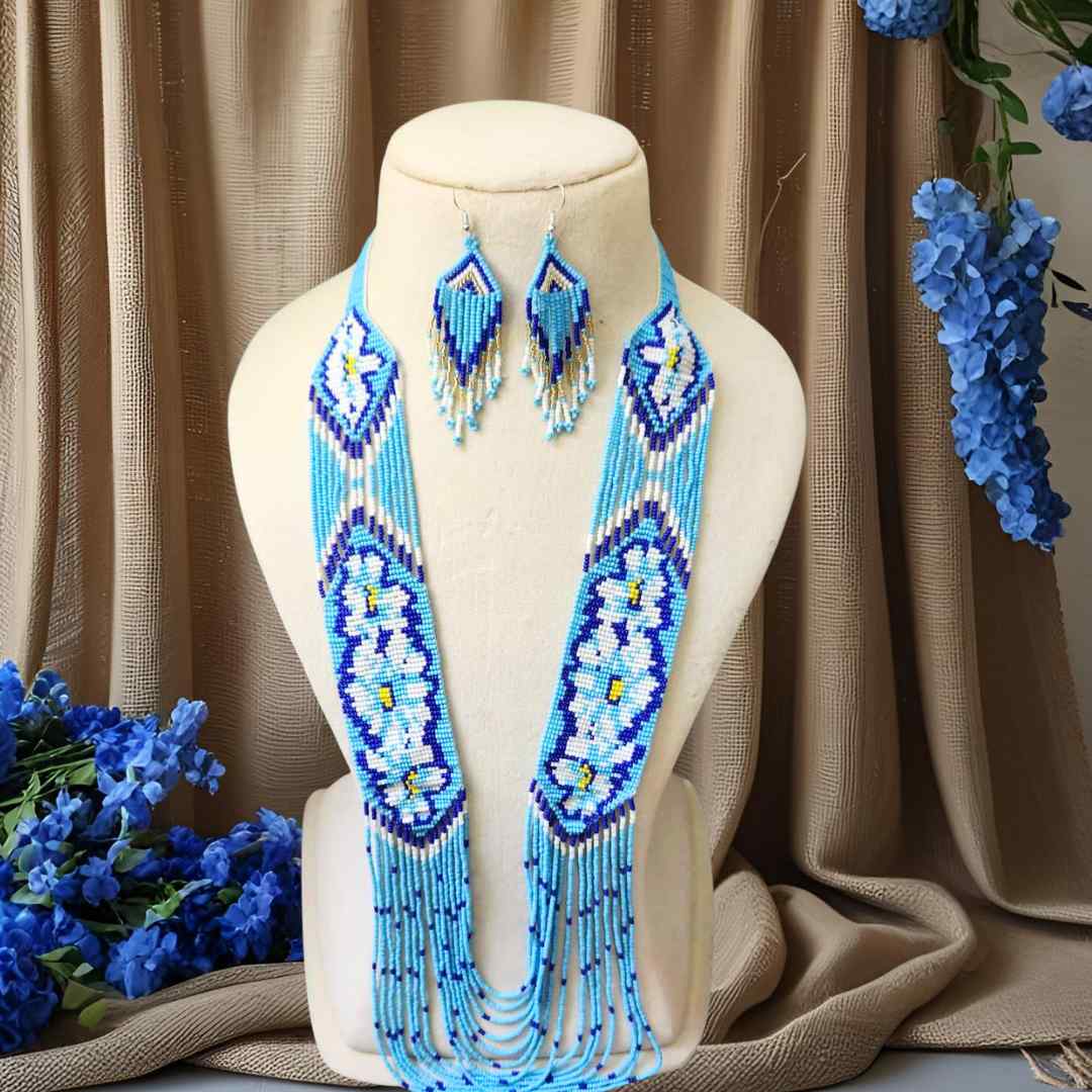 blue floral necklace layered bead necklace for party dangler earrings for office wear haldi wedding wear necklace set