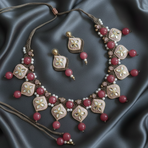 Mriha pink meenakari macrame necklace set