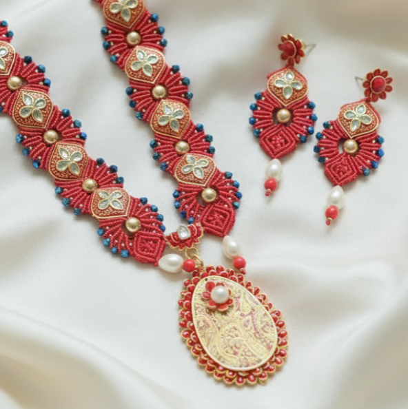wedding jewellery red necklace karwa chauth wedding bridal necklace set pearl earrings stud danglers party wear jewels