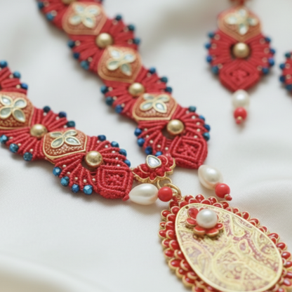 wedding jewellery red necklace karwa chauth wedding bridal necklace set pearl earrings stud danglers party wear jewels