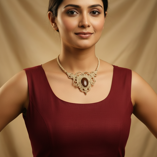 Sarasija brown stone macrame statement necklace