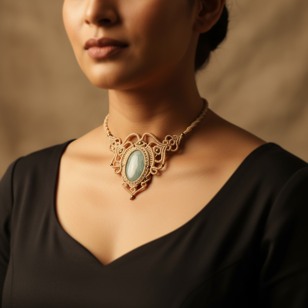 Sarasija jade stone macrame statement necklace