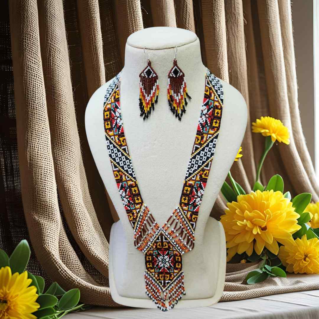 geometric bead necklace set orange yellow green necklace for haldi shaadi mehndi sangeet checker board design independence day