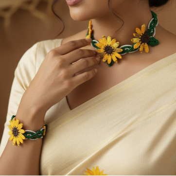 sunflower necklace set haldi sangeet wedding floral jewellery for bride handcrafted artisanal jewellery custom made accessories
