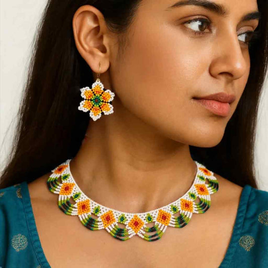 floral necklace bead jewellery short necklace scalloped flower motif partywear necklace floral earrings